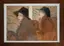 Modern figurative painting - two women in period dress and hats rendered in earth tones with contemporary artistic interpretation