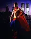 Superman superhero backdrop - iconic comic book hero against city skyline, custom painted production design for film and video shoots